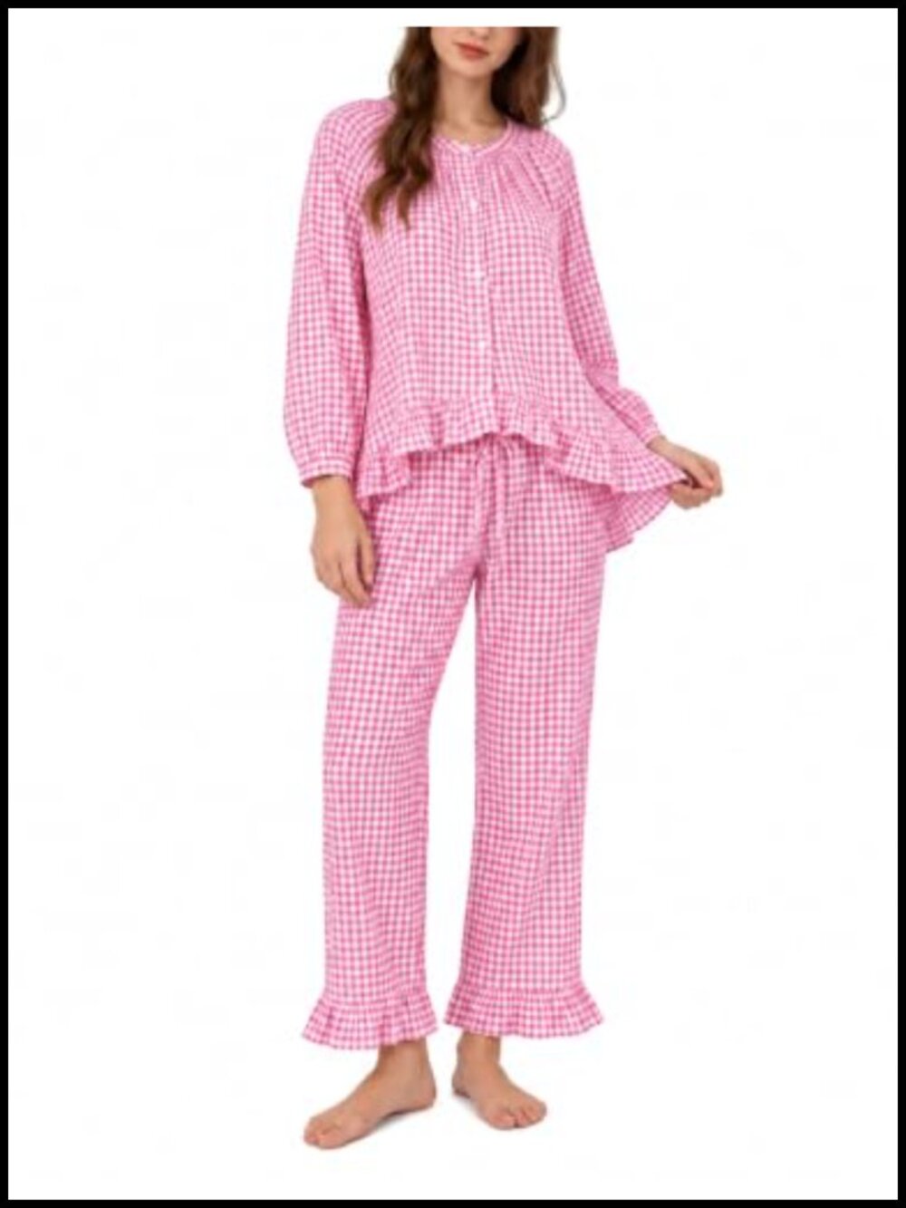 100% Cotton Ruffle Pajama Set Button Down High Low Hem Sleepwear